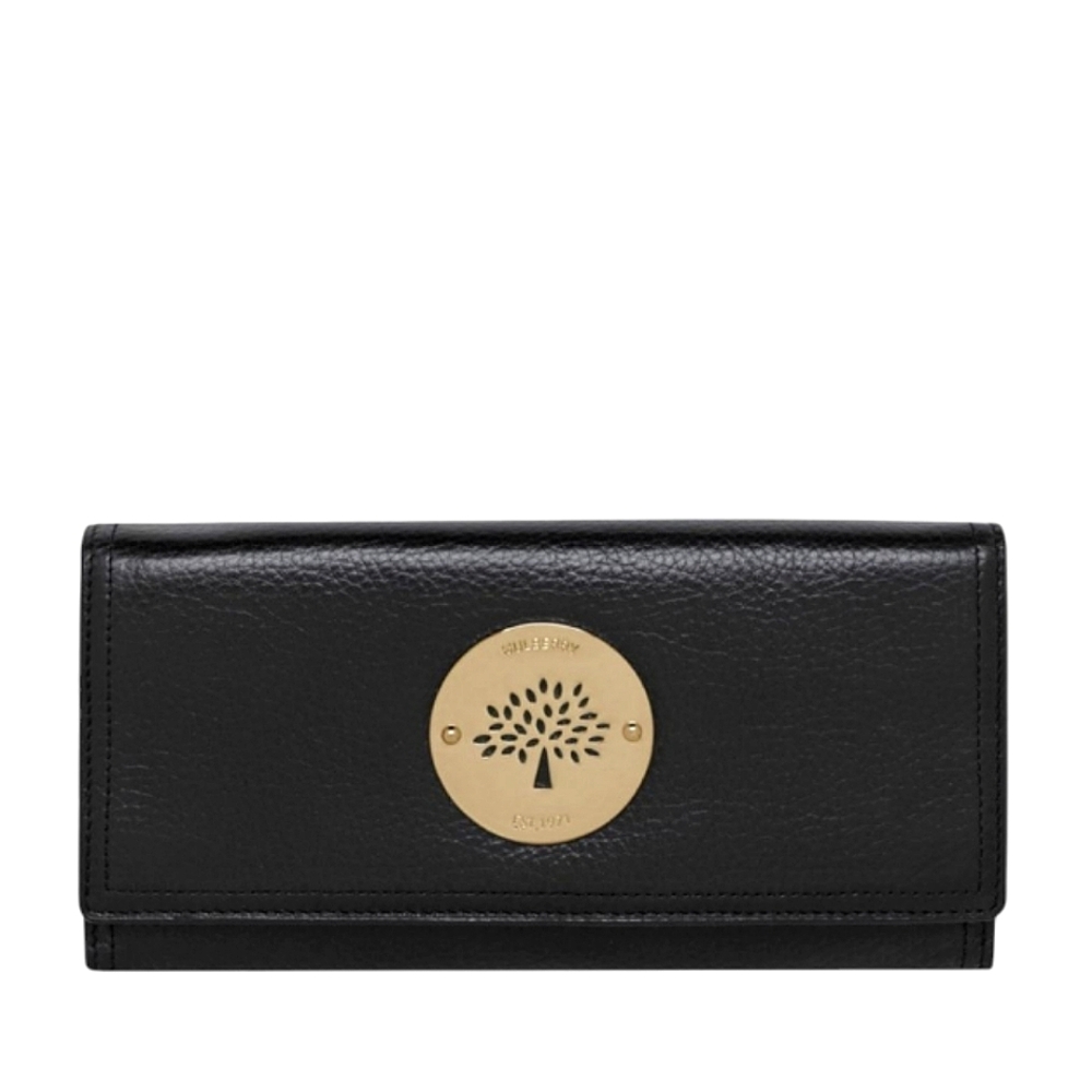 Mulberry Black Leather Continental Wallet with Gold Emblem